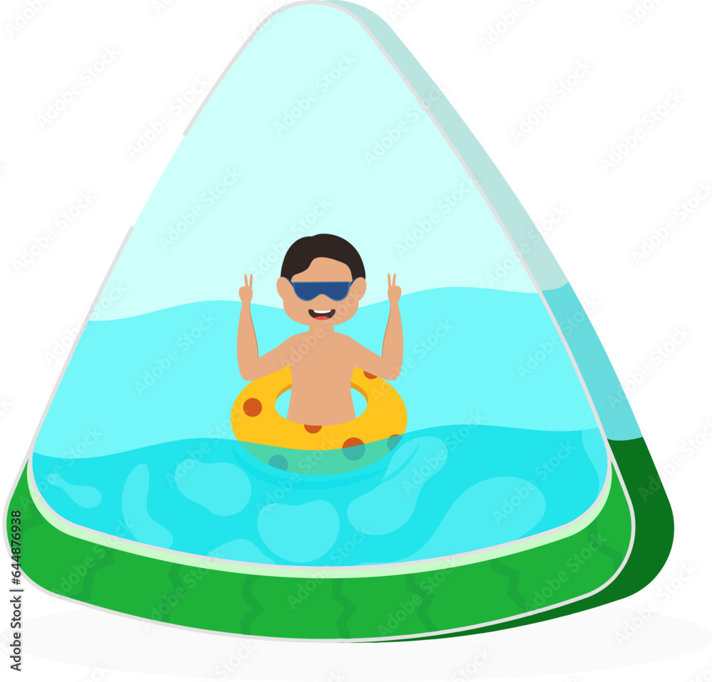 Canvas Prints Cheerful Swimmer Boy With Lifebuoy Over Swimming Pool Or Beach In Triangle Shape Illustration.