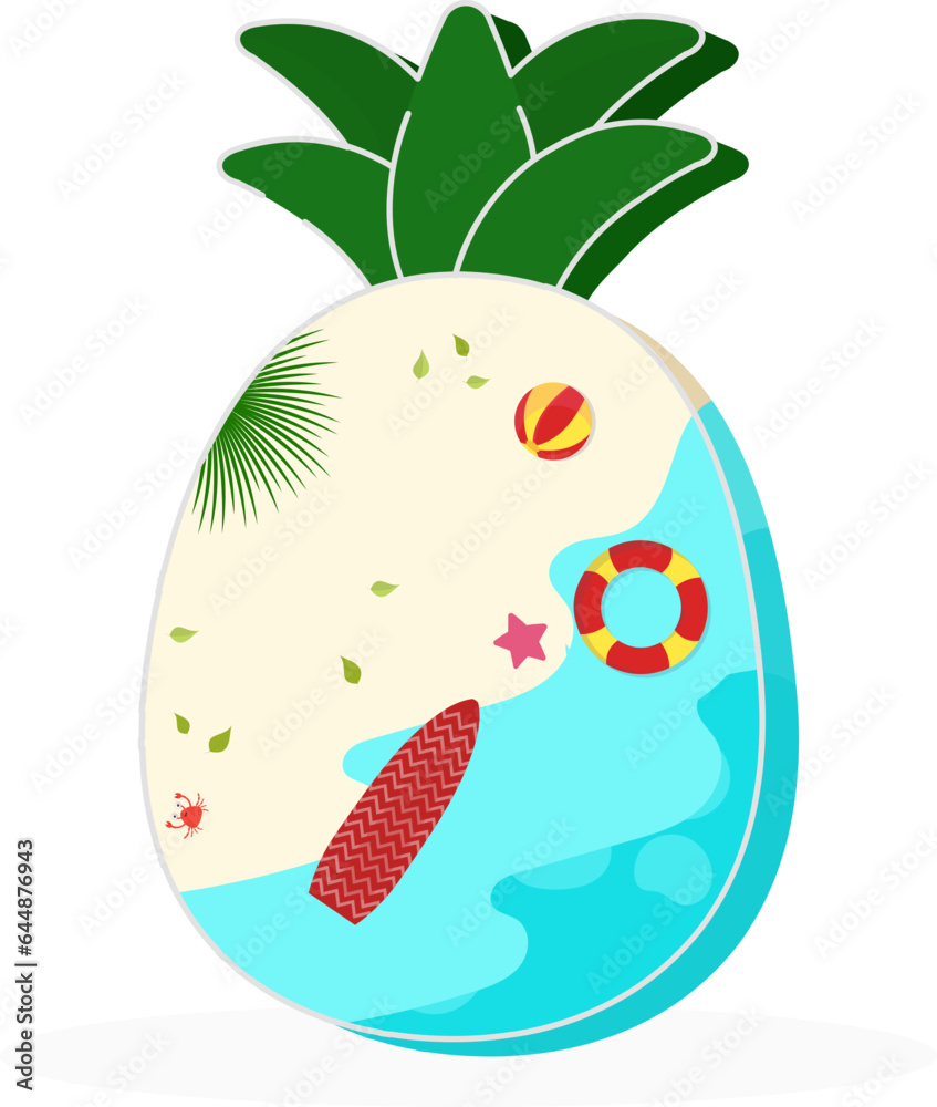 Sticker Beach View With Surfboard, Crab, Lifebuoy, Ball In Pineapple Shape Illustration.