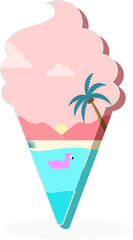 Vector Ice Cream Cone Shape With Beach Side, Sunshine In Pink And Blue Color.