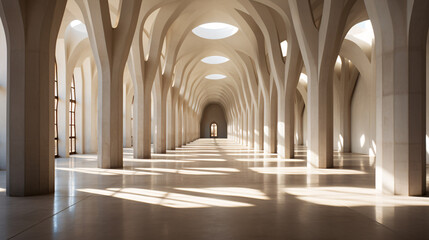Fototapeta na wymiar A long, white corridor in a geometric, contemporary concrete edifice is illuminated by the gentle touch of sunlight through its columns..