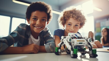 students learning coding mechanical small robot programming with friend in classroom, Elementary school coding, Generative AI
