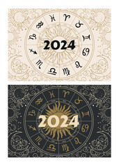 Horizontal Astrological cover for diary, calendar for 2024. Golden sun and moon, zodiac wheel with 12 horoscope symbols. Mystical vector print on black and beige background.