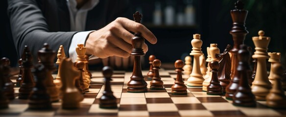 A young man engages in business chess, plotting his entrepreneurial moves - obrazy, fototapety, plakaty