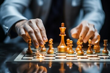 Business strategy ideas unfold as skilled hands make moves on the chessboard - obrazy, fototapety, plakaty