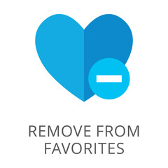 Blue heart with minus as dislike symbol for UI flat vector icon. Cartoon drawing or illustration of symbol for UI, application or website on white background. Technology, user interface, media concept