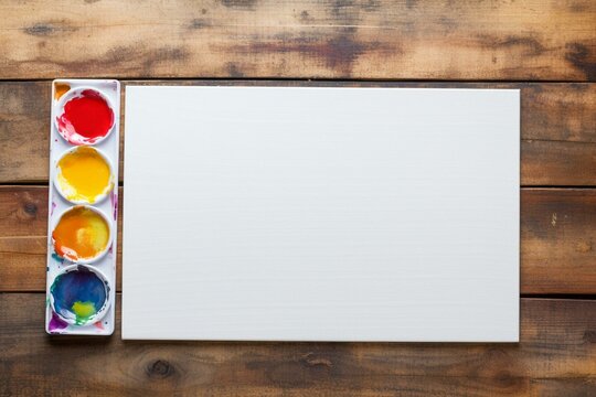 Blank watercolor palette on wooden background. Generative AI