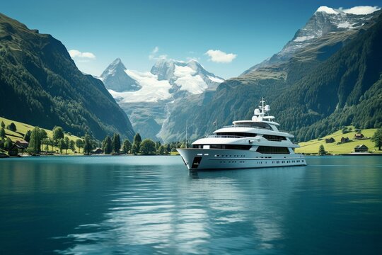 A yacht framed by mountains in Switzerland on a sunny day by calm water, a popular place to travel and relax. Generative AI