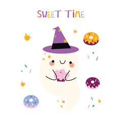 Happy Halloween collection with a cute Ghost in a hat, sweets, trick or treat, sweet time inscription and colored confetti.Ideal for cards, poster, prints, anniversary, invitation and party decoration
