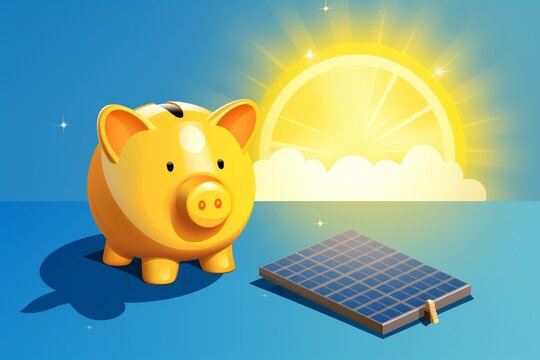 Illustration of a solar panel beside a piggy bank, representing the concept of savings. Generative AI