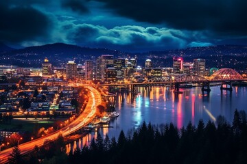 Fototapeta na wymiar A vibrant view of the illuminated cityscape in Portland during the dark hours. Generative AI