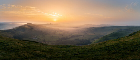 Sunrise and morning fog over Hope Valley, Peak District, UK