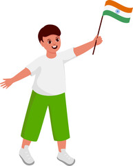 Happiness Young Boy Holding India Flag In Standing Pose.