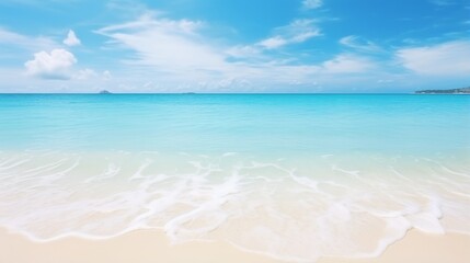 Photo of a serene beach with crystal clear water and a picturesque island in the distance