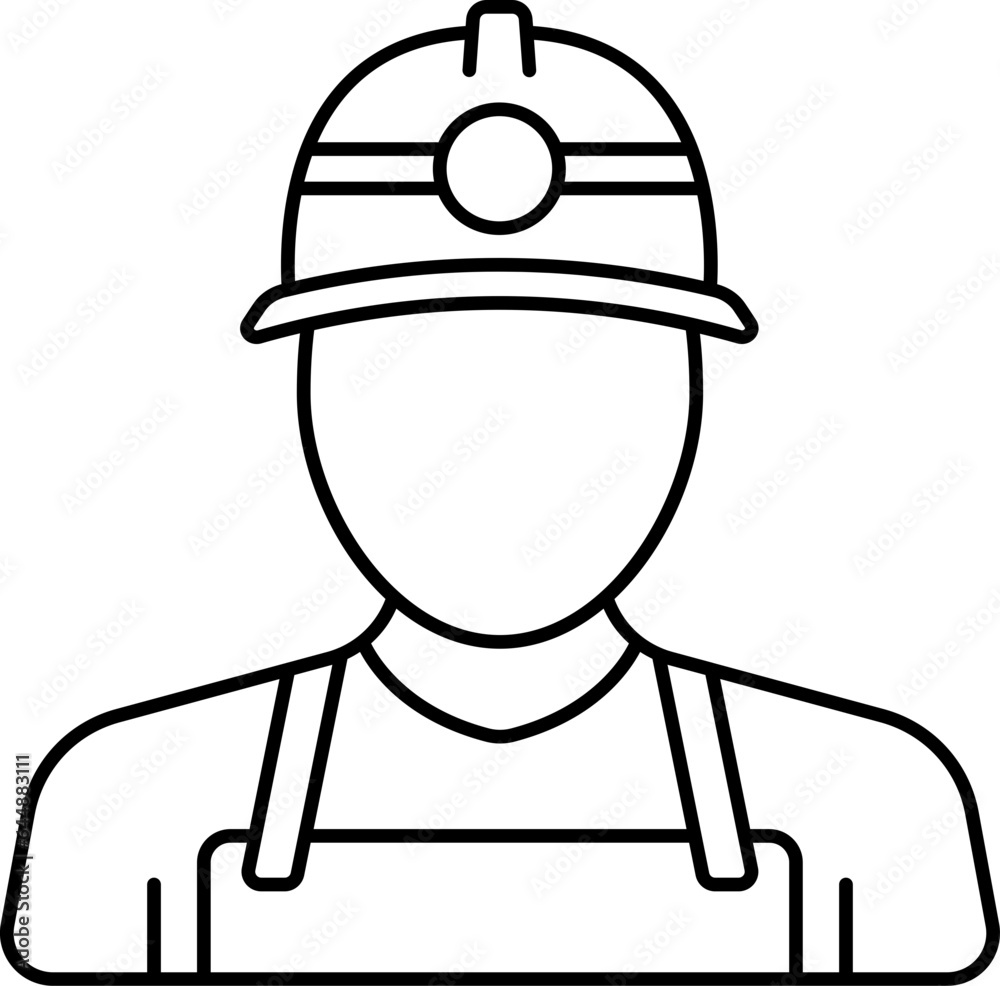 Sticker Hard Helmet Wearing Faceless Worker Black Line Art Icon.