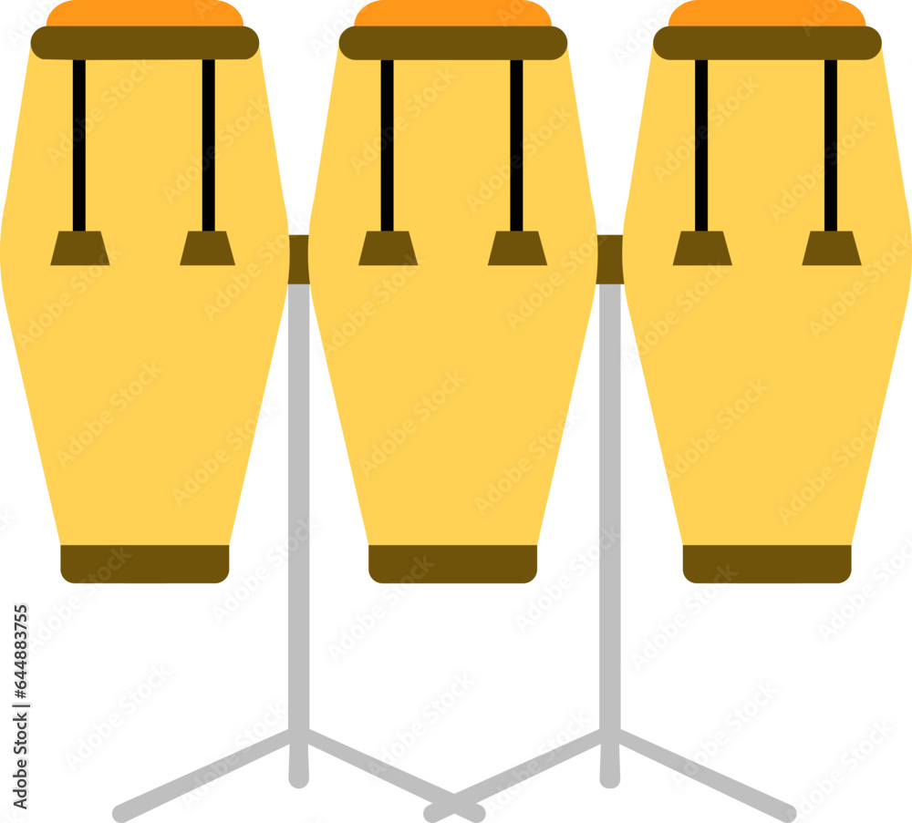 Sticker yellow and brown conga drum set icon in flat style.