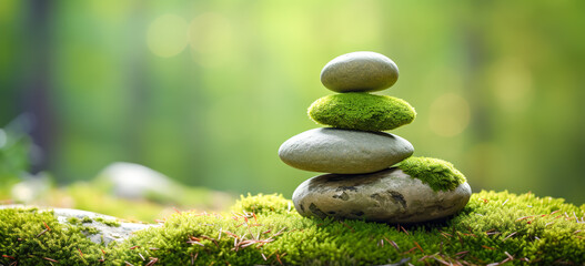 Balanced Rock Zen Stack. Stack of zen stones on nature background. Stones balanced on top of each other on the stone with moss.

