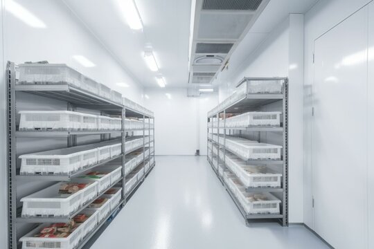 Chilled room with shelves and racks for frozen food storage. Wall-mounted air conditioning. Warehouse with selective item storage. Generative AI