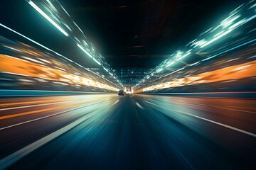 Motion blurred racetrack finish line with spotlights. Generative AI - obrazy, fototapety, plakaty