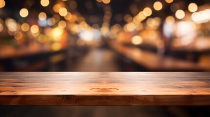 Photo of a wooden table with bokeh lights in the background