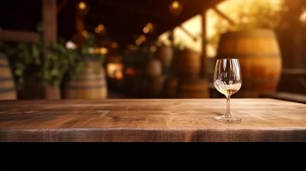 Gordijnen Photo of a glass of wine on a rustic wooden table © mattegg