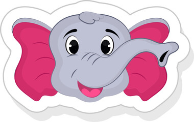 Grey And Pink Cartoon Baby Elephant Face In Sticker Style.