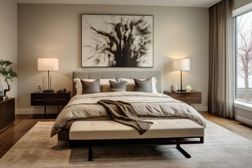 Modern bedroom with a brown bed and neutral wall color. Generative AI