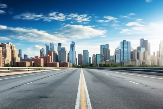 Empty road with city buildings background. Modern highway construction in New York, USA. Generative AI