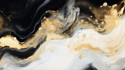 Photo of a black and white abstract painting with gold accents
