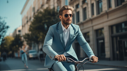 Fototapeta na wymiar young businessman in suit with bicycle