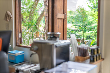 Modern wooden chair or chair background A place to decorate the interior of a restaurant or coffee shop for customers to sit while coming to use the service.