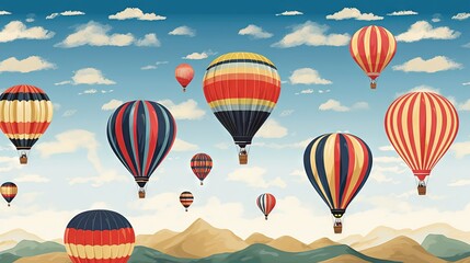 Fototapeta premium a group of hot air balloons flying in the sky above a mountain range. generative ai