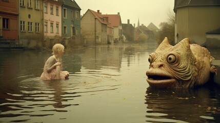  a little girl sitting in a body of water next to a giant creature.  generative ai