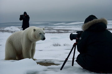 Two photographers capturing a polar bear as it approaches them, a thrilling wildlife photography moment