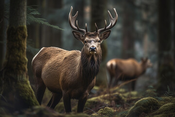 A tranquil scene of a moose peacefully grazing in a lush forest
