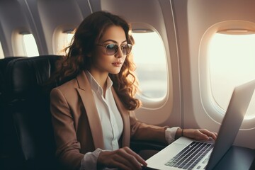 beautiful businesswoman using laptop while sitting on airplane seat during flight