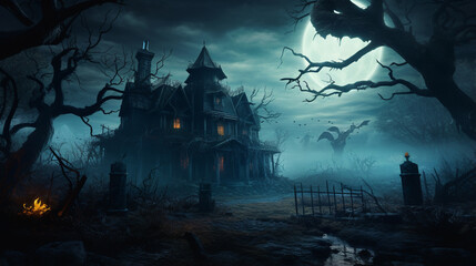 Horror Halloween haunted house in creepy night forest