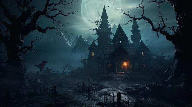 Horror Halloween haunted house in creepy night forest
