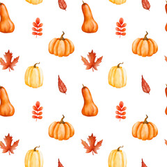 Pumpkin pattern with orange leaves, autumn colors, harvest festival. Digital watercolor illustration
