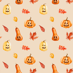 Halloween pattern with pumpkin with scary face and autumn leaves. Digital watercolor illustration