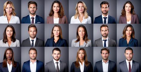 Photo collage portrait of multiracial business people in suit with different ages looking at camera. Mosaic of corporate modern faces.  - obrazy, fototapety, plakaty