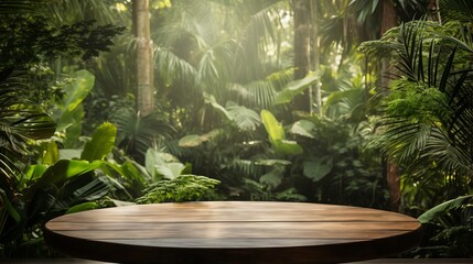Photo of a round wooden table in a lush jungle setting © mattegg