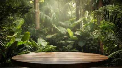 Foto op Plexiglas Photo of a round wooden table in a lush jungle setting © mattegg