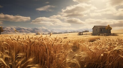  a field of wheat with a house in the distance and mountains in the background.  generative ai