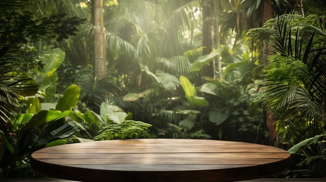 Fototapeta Photo of a round wooden table in a lush jungle setting