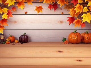 Naklejka na ściany i meble 3D Animation festive autumn decor from pumpkins to maple leaves on a wooden background. Concept of Thanksgiving day or Halloween. Flat lay autumn composition with copy space.