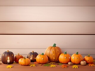3d set of brown and orange pumpkins, candles and maple leaves isolated on a wooden background. Concept of Thanksgiving day or Halloween. Flat lay autumn composition with copy space.