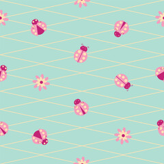 Cute pink ladybugs seamless vector pattern background. Kawaii cartoon ladybird characters grid diamond lattice backdrop. All over print for summer, baby, girls. Ladybug motif for kindgarten, school