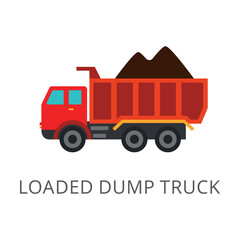 Truck carrying sand isolated on white. Colored flat vector icon of loaded dump truck. Special and industrial vehicles concept