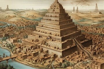 Ancient Babylon depiction with Tower of Babel, multilingual town from Quran and Bible. Generative AI