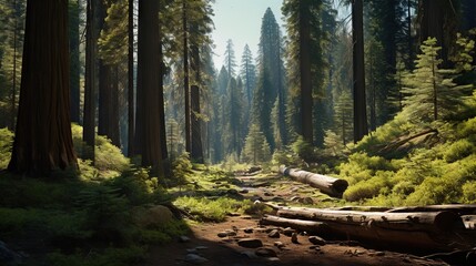  a path through a forest filled with lots of tall trees.  generative ai